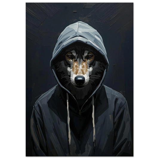 Varg i mörkgrå hoodie med huva – urban djurposter i akrylstil