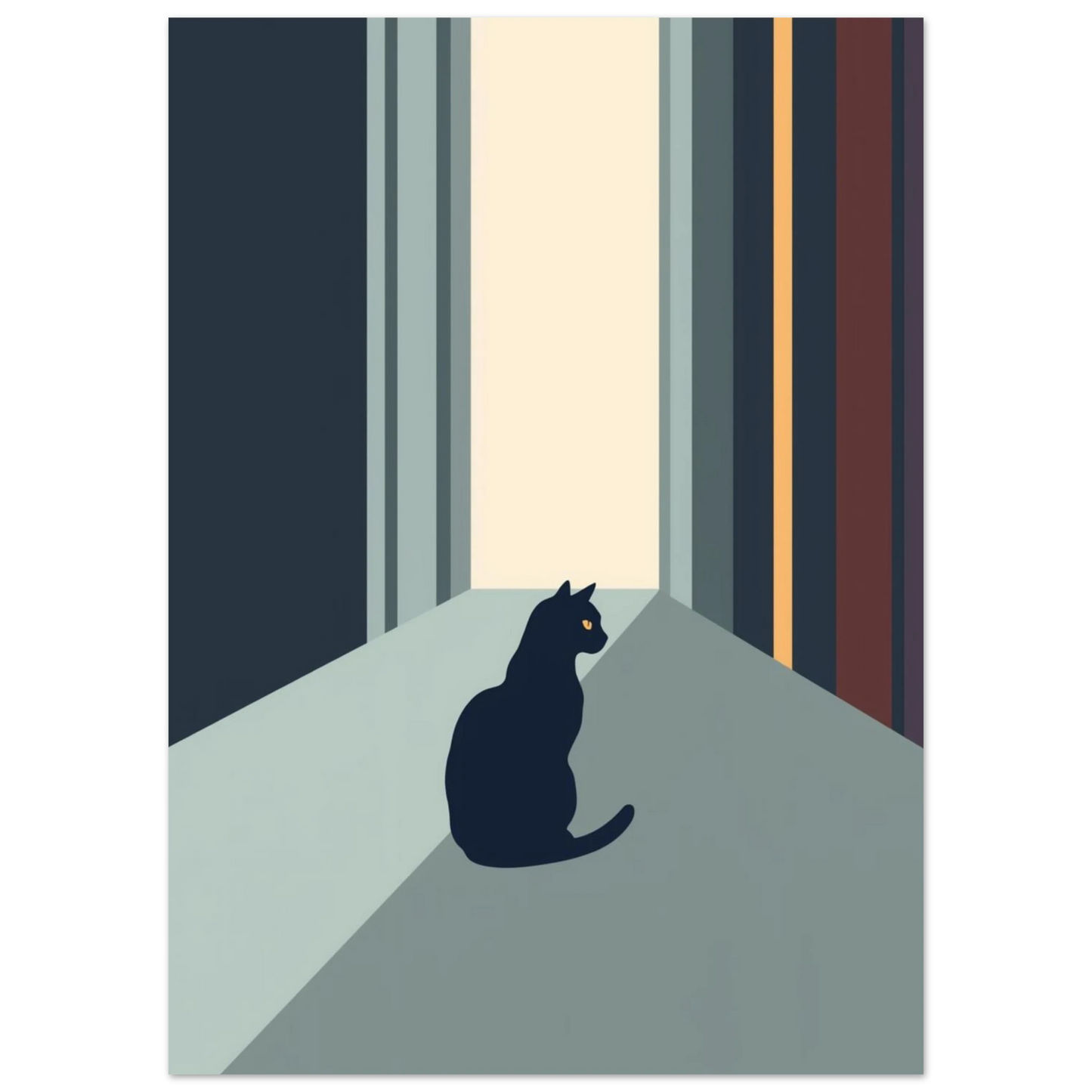 Modern illustration av en sittande katt i ett stilrent dörrvalv – djurmotiv