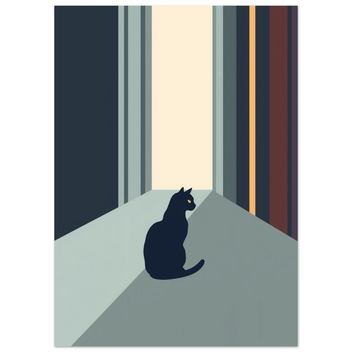 Modern illustration av en sittande katt i ett stilrent dörrvalv – djurmotiv