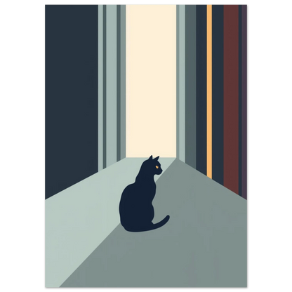 Modern illustration av en sittande katt i ett stilrent dörrvalv – djurmotiv