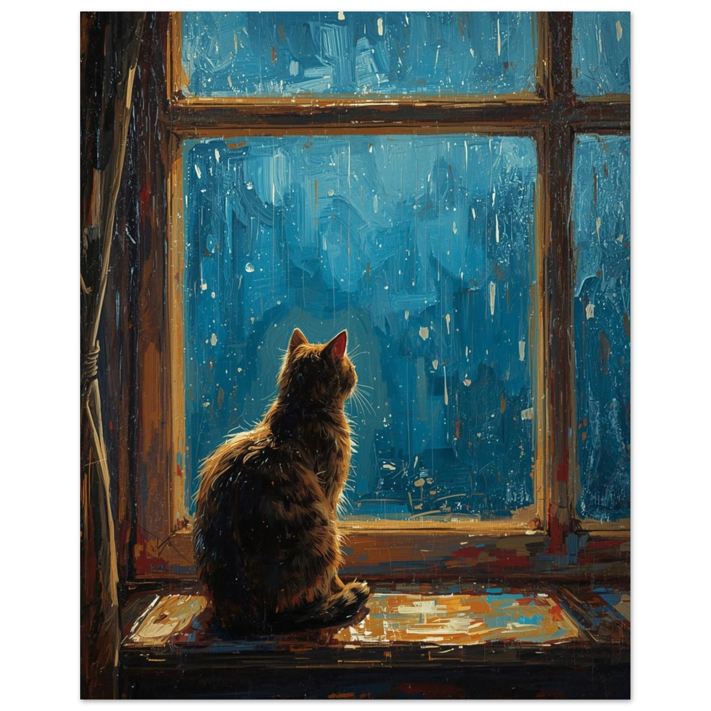 Impasto-inspirerad poster med katt och regndroppar på glas