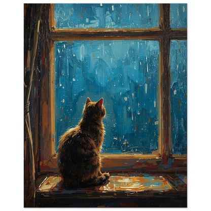 Impasto-inspirerad poster med katt och regndroppar på glas