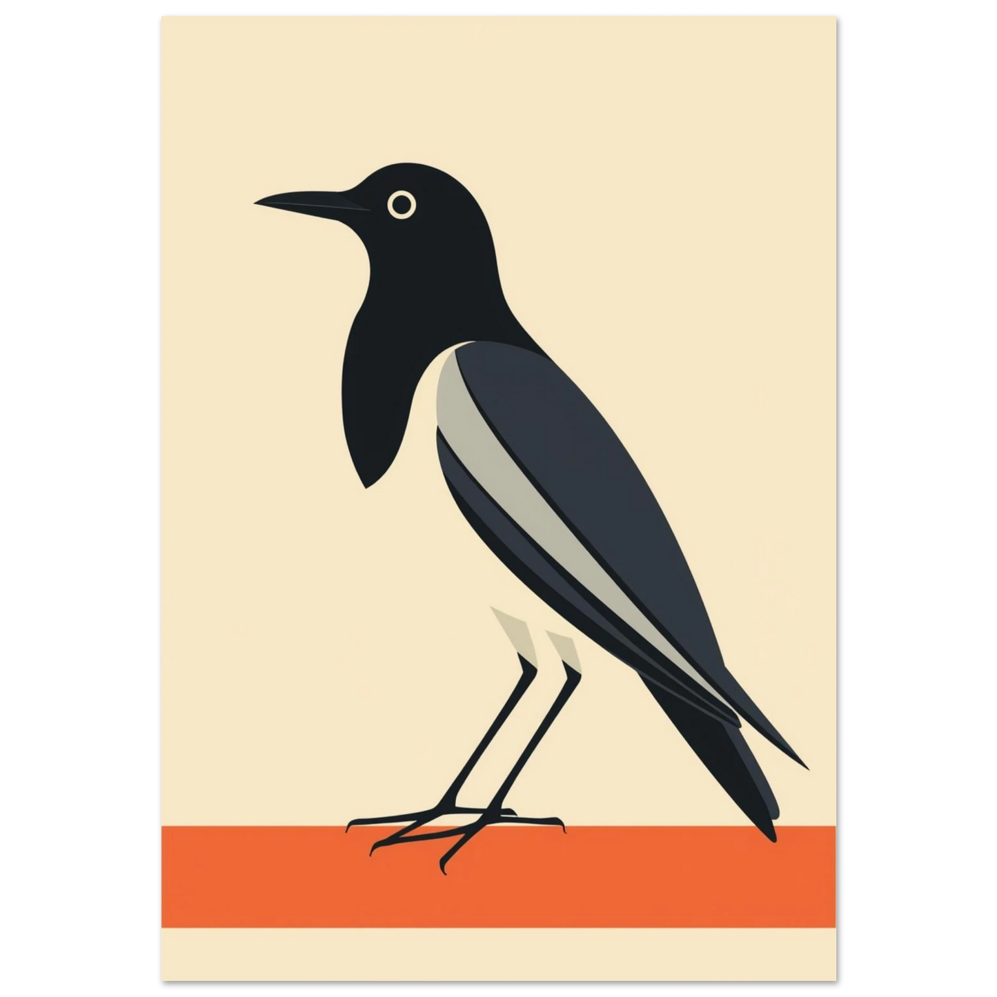 Grafisk illustration av en skata i modernistisk stil mot beige bakgrund