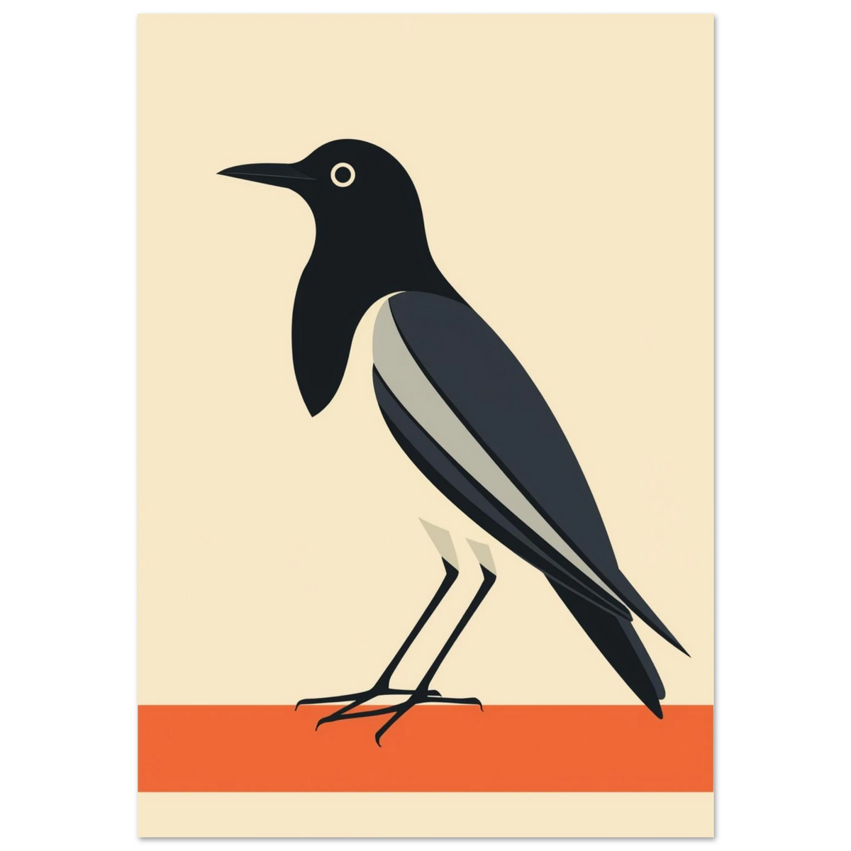Grafisk illustration av en skata i modernistisk stil mot beige bakgrund