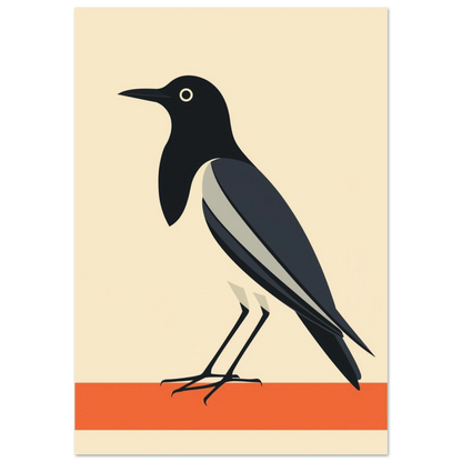 Grafisk illustration av en skata i modernistisk stil mot beige bakgrund
