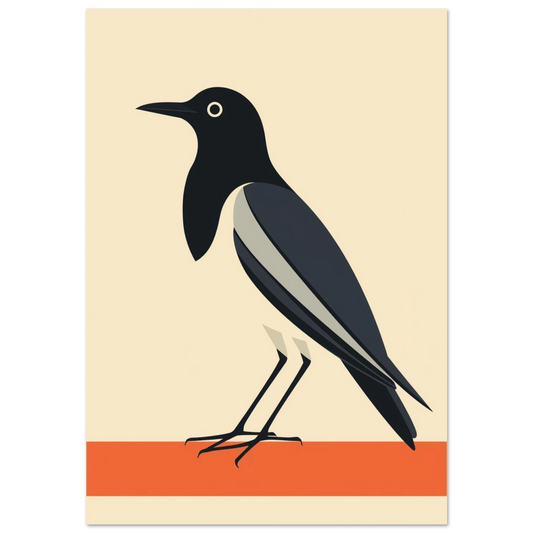 Grafisk illustration av en skata i modernistisk stil mot beige bakgrund