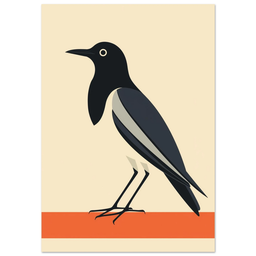 Grafisk illustration av en skata i modernistisk stil mot beige bakgrund