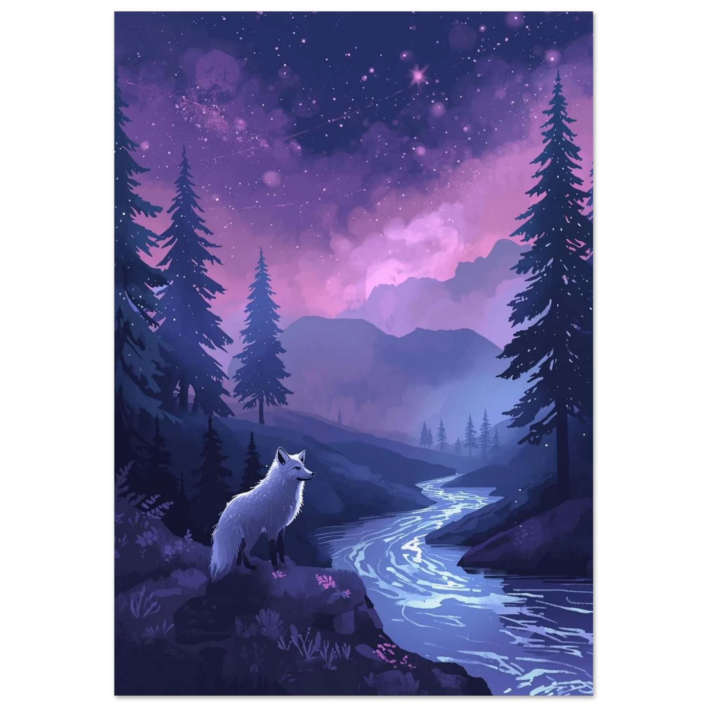 Vit räv vid en lysande flod under lila stjärnhimmel – digital djurposter