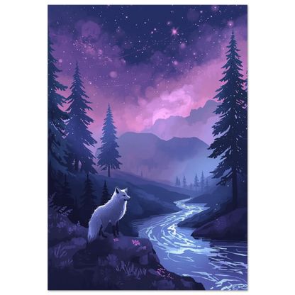 Vit räv vid en lysande flod under lila stjärnhimmel – digital djurposter