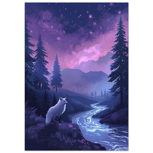 Vit räv vid en lysande flod under lila stjärnhimmel – digital djurposter