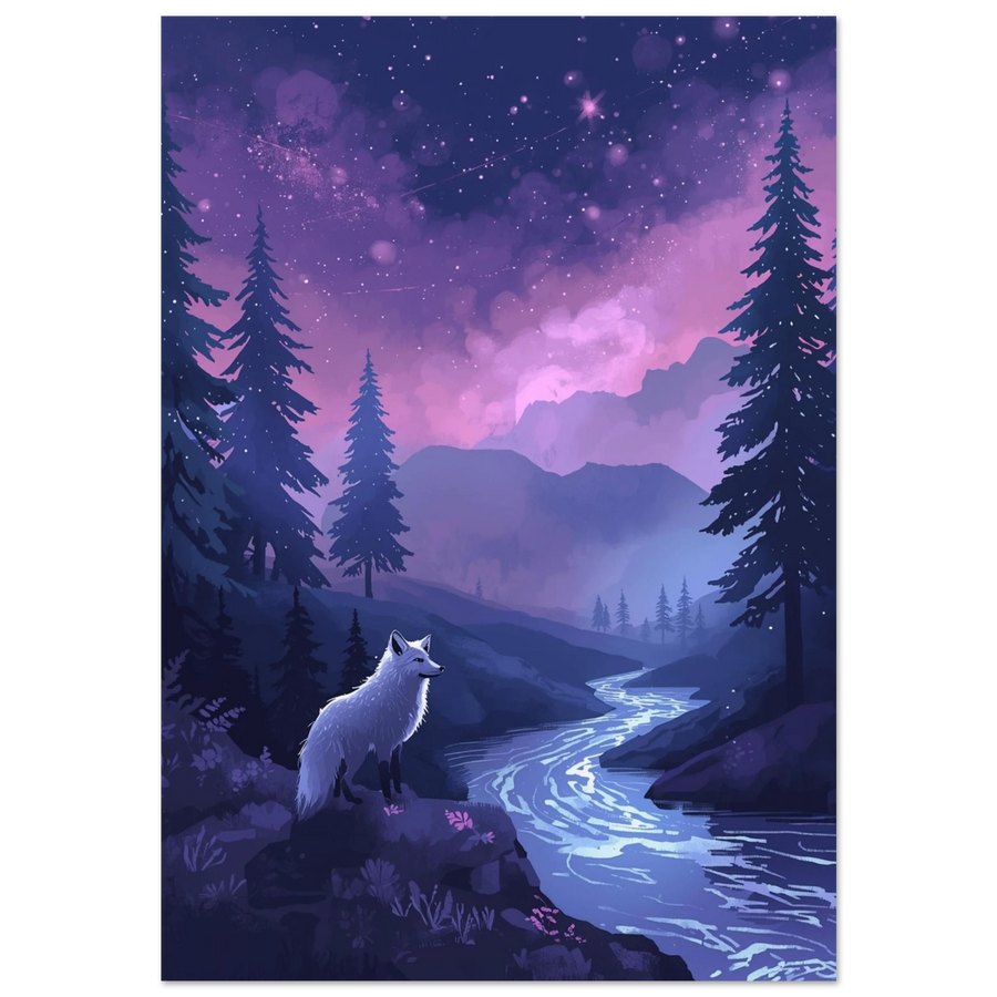 Vit räv vid en lysande flod under lila stjärnhimmel – digital djurposter