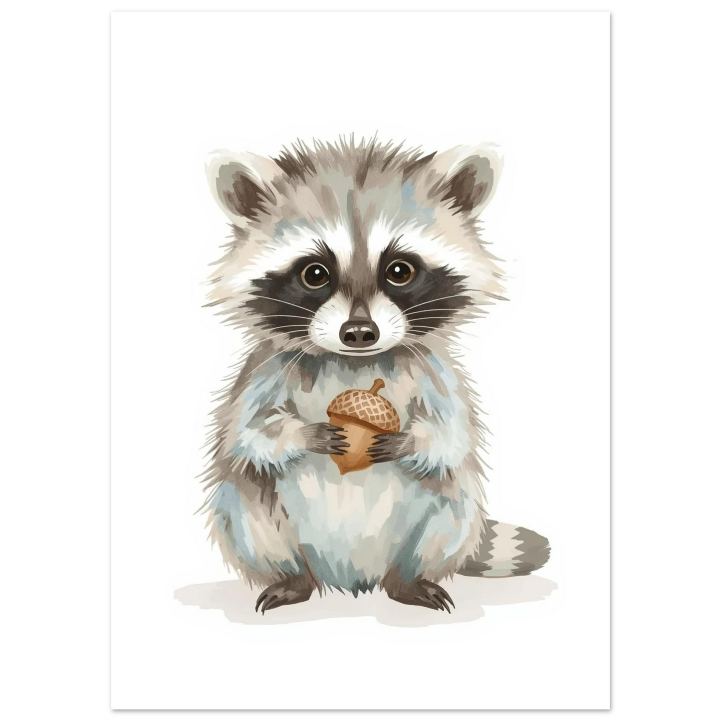 Illustration av en fluffig tvättbjörnsunge som håller ett brunt ekollon