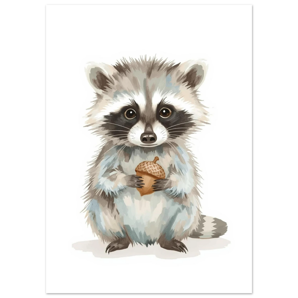 Illustration av en fluffig tvättbjörnsunge som håller ett brunt ekollon