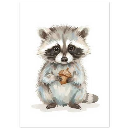 Illustration av en fluffig tvättbjörnsunge som håller ett brunt ekollon