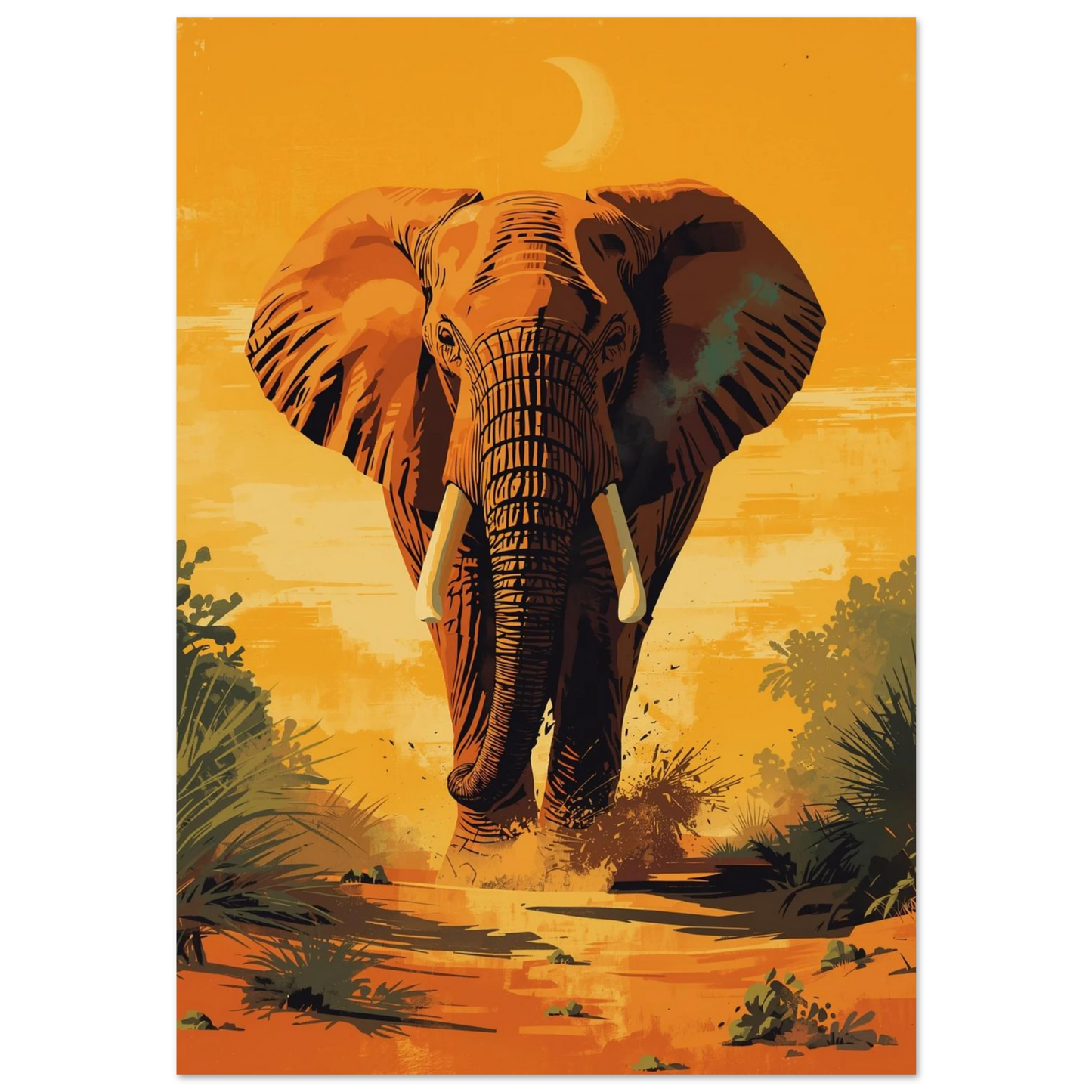 Elefant i solnedgång på savannen med månskära – konstnärlig djurposter