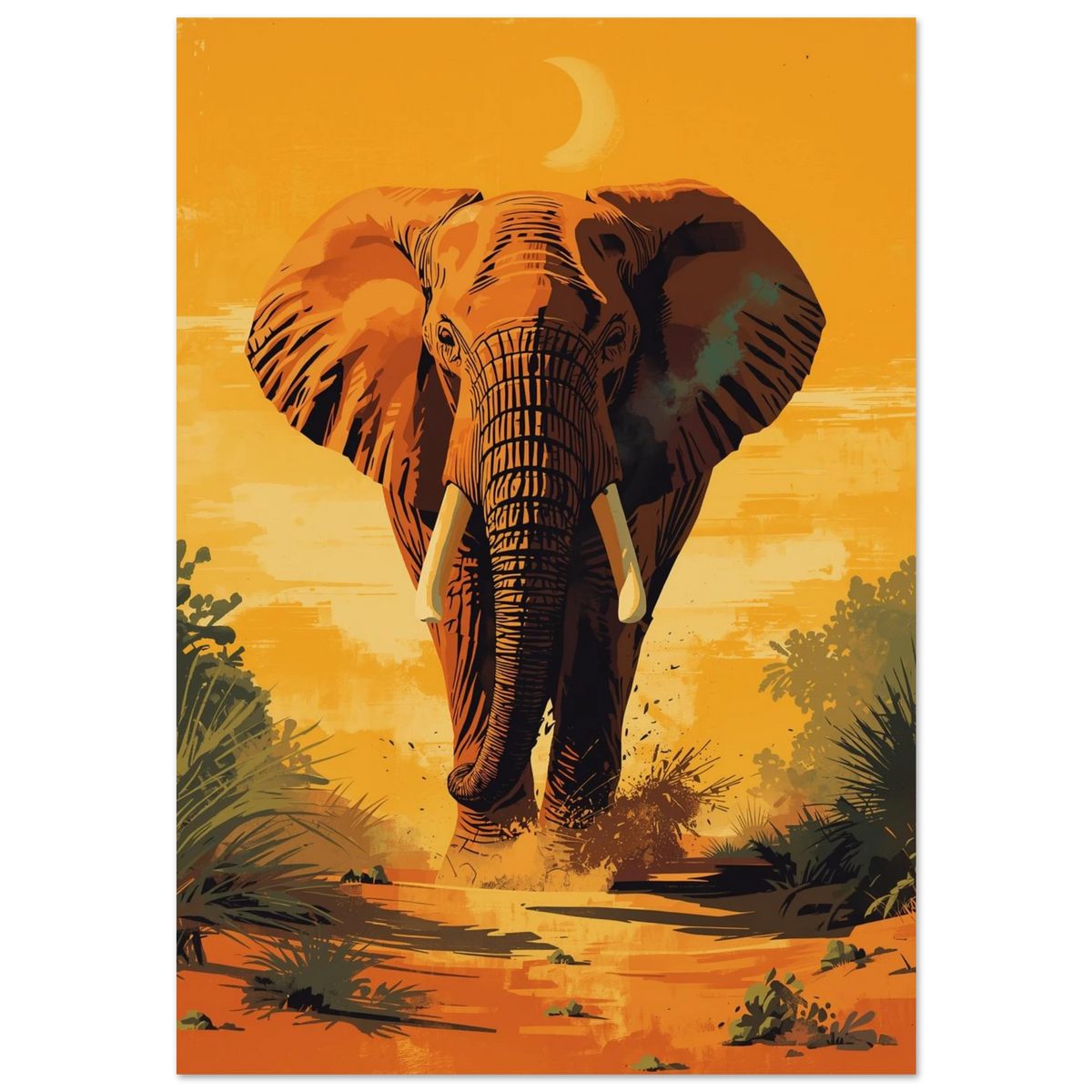 Elefant i solnedgång på savannen med månskära – konstnärlig djurposter