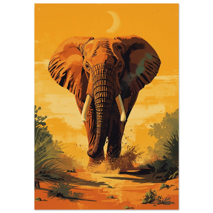 Elefant i solnedgång på savannen med månskära – konstnärlig djurposter