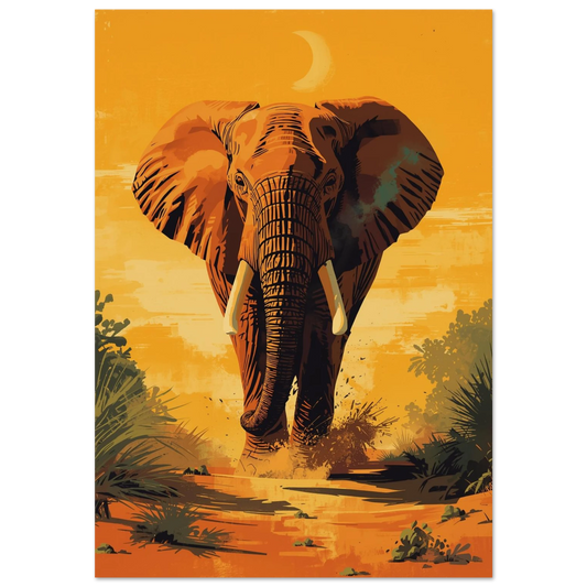 Elefant i solnedgång på savannen med månskära – konstnärlig djurposter
