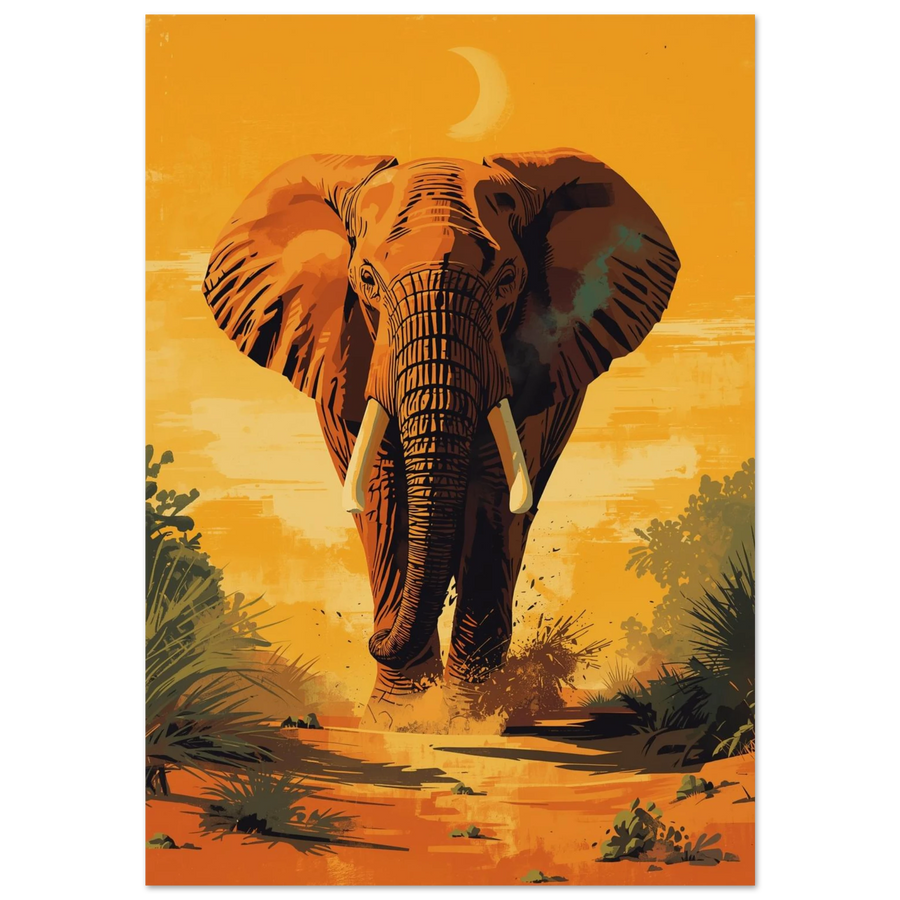 Elefant i solnedgång på savannen med månskära – konstnärlig djurposter