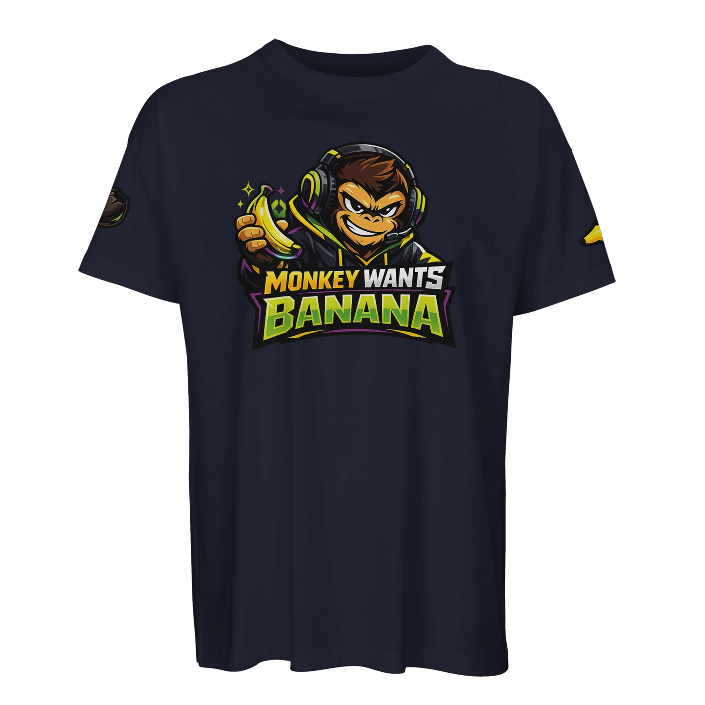 Mörkblå oversized t-shirt med gaming-apa som håller en banan