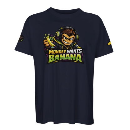 Mörkblå oversized t-shirt med gaming-apa som håller en banan