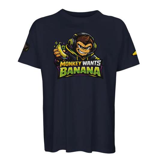 Mörkblå oversized t-shirt med gaming-apa som håller en banan