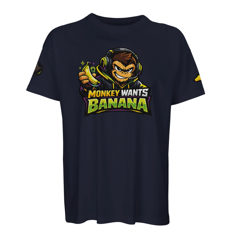 Mörkblå oversized t-shirt med gaming-apa som håller en banan