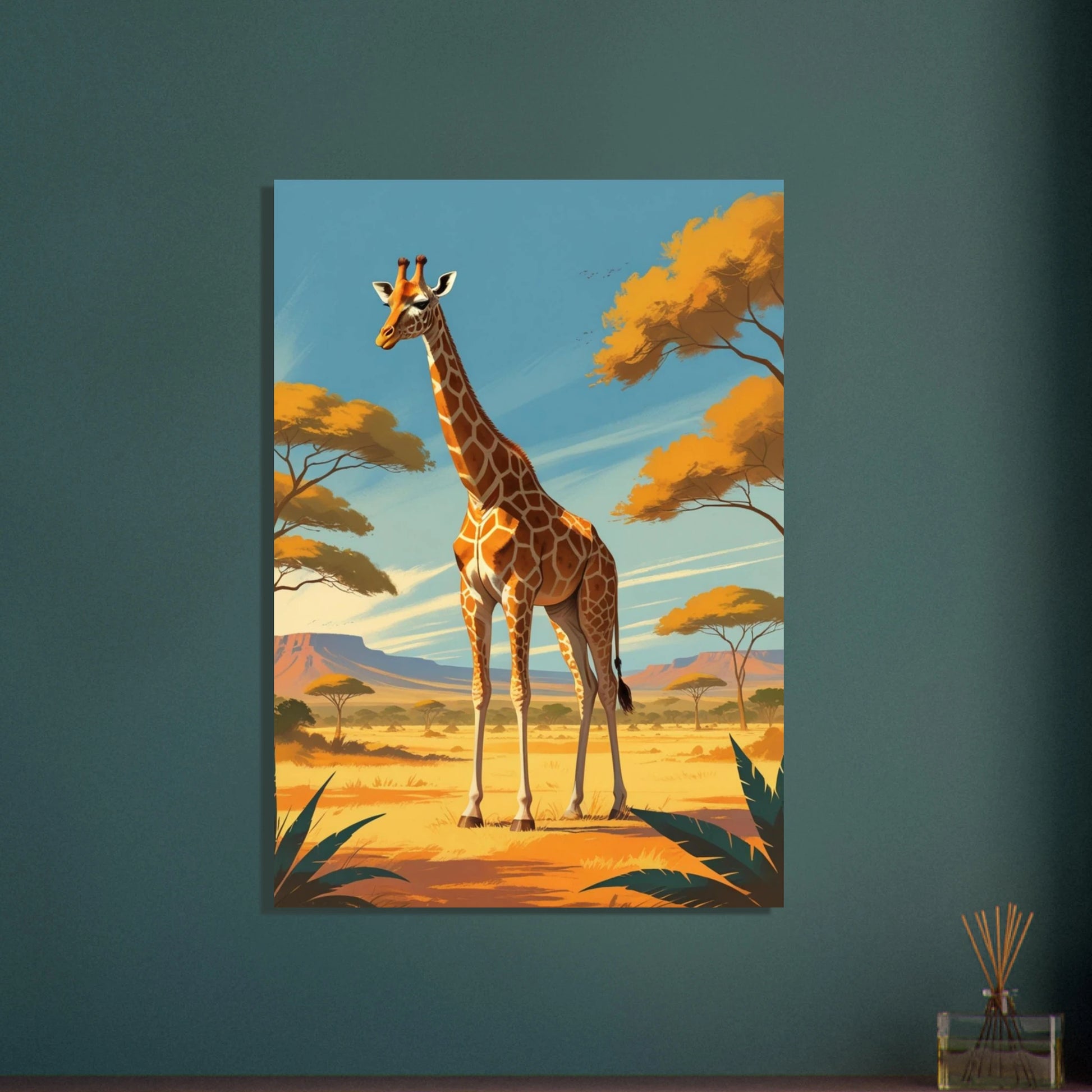 Majestätisk giraff på afrikansk savann i vintage reseaffischstil