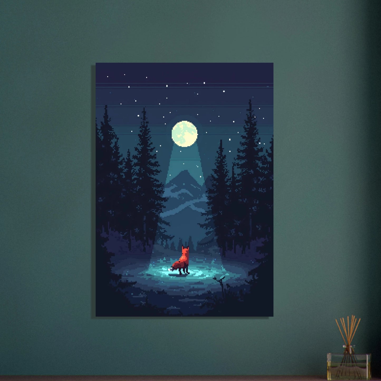 Räv i nordisk skogsglänta under månsken, pixelkonst, nattmotiv