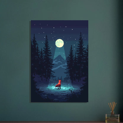 Räv i nordisk skogsglänta under månsken, pixelkonst, nattmotiv