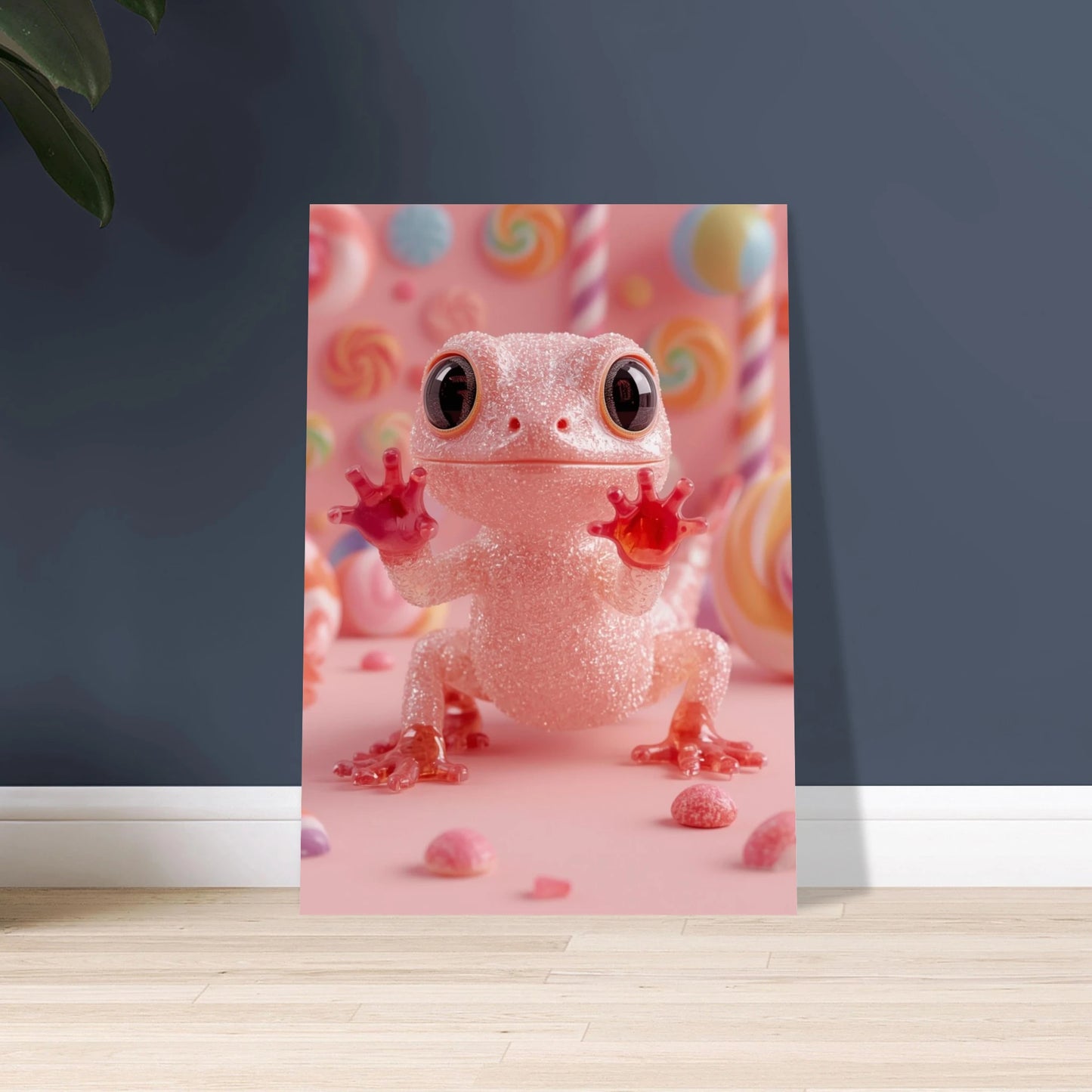 Sockersöt gecko av godis i en rosa godisvärld