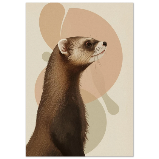 Brun iller i profil mot en bakgrund av abstrakta runda former – retro poster