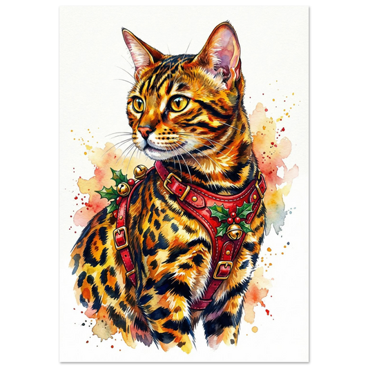 Bengalisk katt i röd sele med bjällror och järnek – akvarellposter
