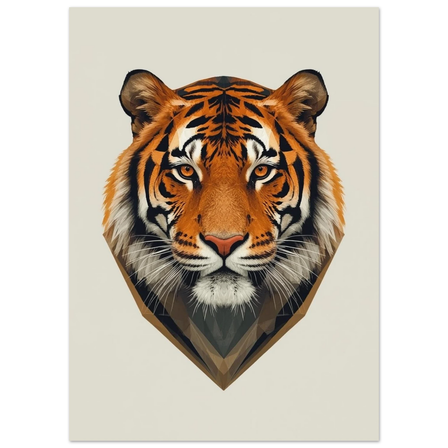 Stiliserat tigerporträtt med intensiva blick och skarpa geometriska linjer