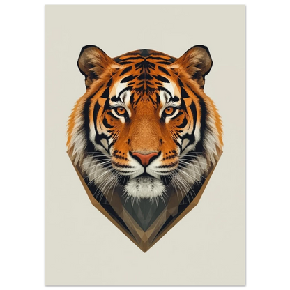 Stiliserat tigerporträtt med intensiva blick och skarpa geometriska linjer