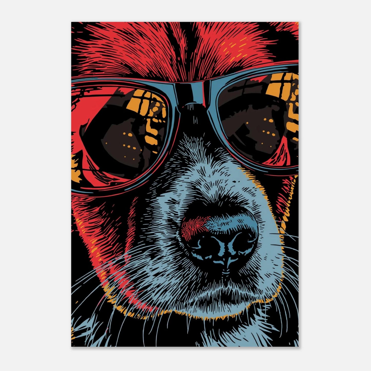 Cool hund i stora solglasögon på ljusgrå bakgrund, urban väggkonst