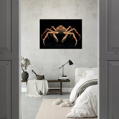 Spindelkrabbaposter på minimalistisk sovrumsvägg synlig genom dörröppning – Fotorealistisk poster