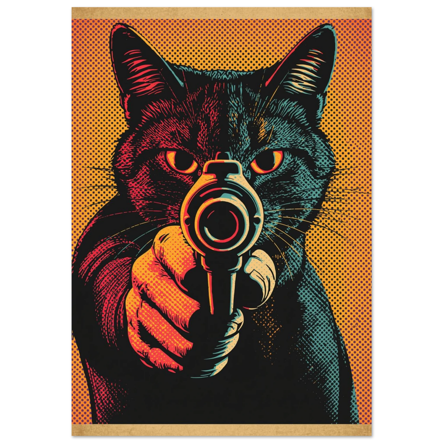 Stiliserad katt med revolver i popkonststil, intensiva färger