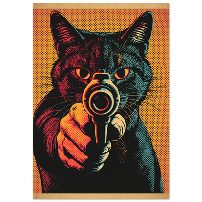 Stiliserad katt med revolver i popkonststil, intensiva färger