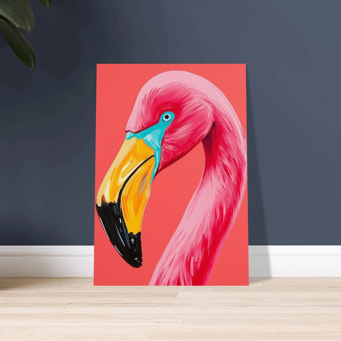 Färgstark flamingo i Pop Art-stil, livfulla nyanser, konstnärlig djurposter.
