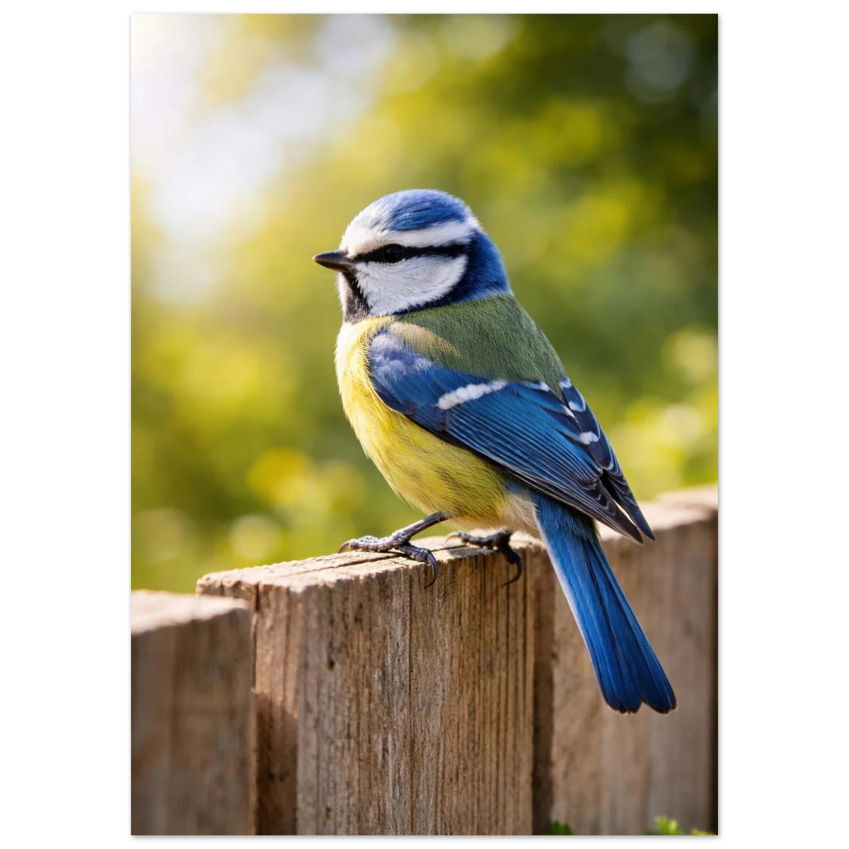 Blåmes i naturlig miljö på trädstolpe med fokus på fjäderdräkten – Fotorealistisk poster