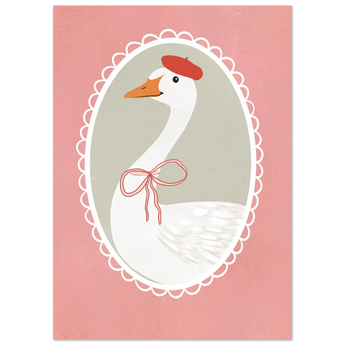 Gåsporträtt i oval ram mot rosa bakgrund – grafisk barnposter