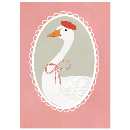 Gåsporträtt i oval ram mot rosa bakgrund – grafisk barnposter