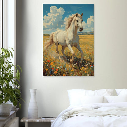 Vit häst poster upphängd på en vit vägg i ett sovrum – Målad poster