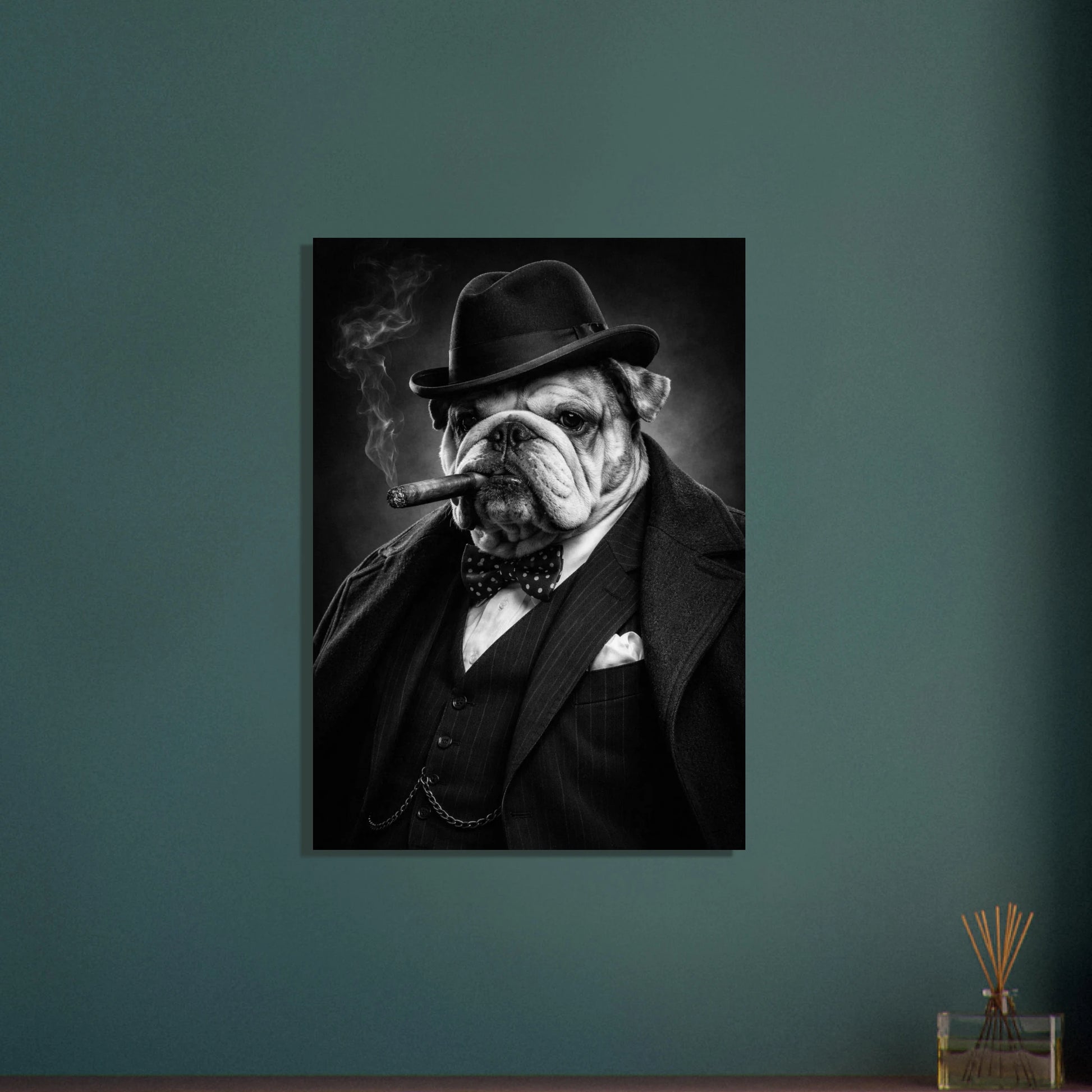 Inramad svartvit hundposter med brittisk gentlemannastil – Fotorealistisk poster