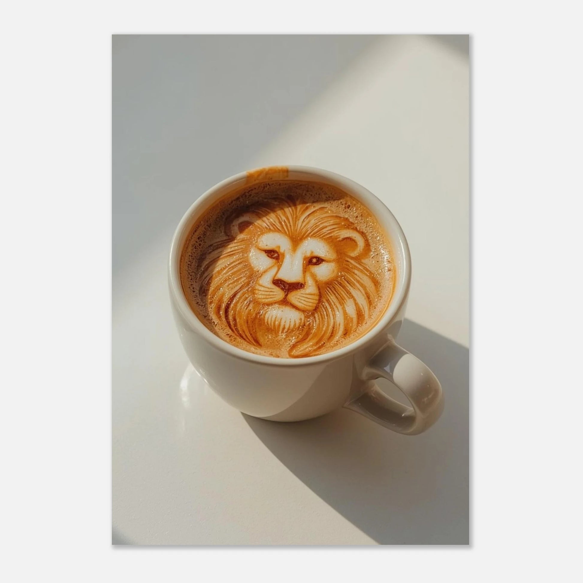 Kreativ djurposter med ett lejon porträtterat i en kopp cappuccino