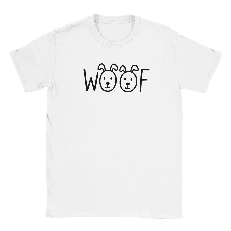 Vit t-shirt med texten WOOF och tecknade hundansikten – Tecknad T-shirt