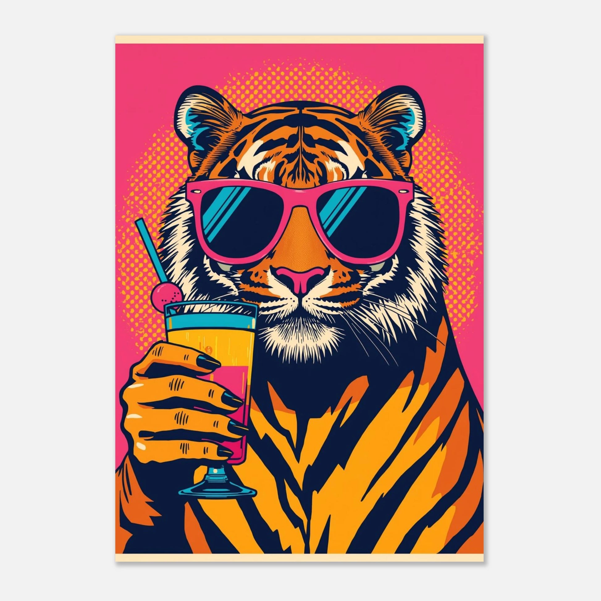 Cool tiger i pop art stil med neonfärger och somrig cocktail – djurmotiv