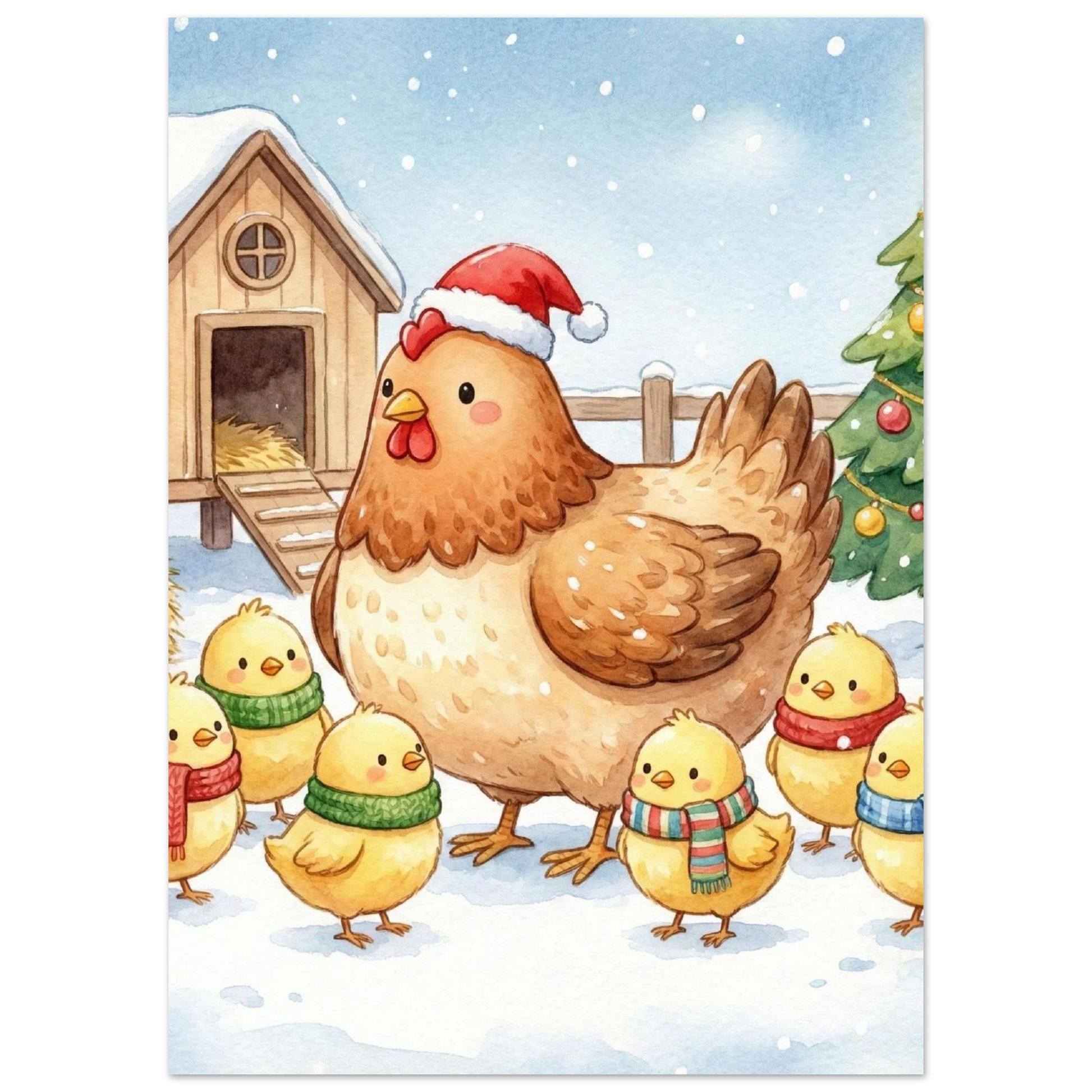 Julig hönsfamilj i snöfall med en dekorerad gran i bakgrunden – djurposter