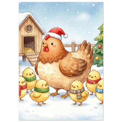Julig hönsfamilj i snöfall med en dekorerad gran i bakgrunden – djurposter